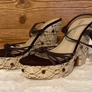 Colin Stuart Brown and Cream Lace Platform Sandals with Stud Accents